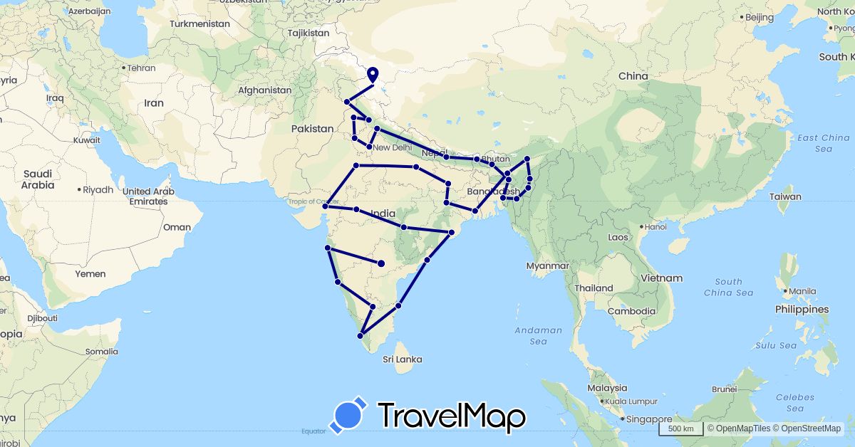 TravelMap itinerary: driving in Bhutan, India, Nepal (Asia)